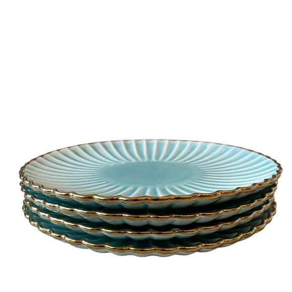 Aqua Ceramic Dinner Plates 11" Turquoise Scalloped Edge Gold Accent Set of 4 New - Picture 4 of 16
